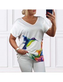 OVERSIZE  -  LILALU BIELA ELASTICKÁ BLÚZKA aj pre MOLETKY - farebnÿ vták 